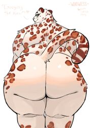 anthro ass big_butt brown_spots felid female fur hi_res huge_butt jaguar looking_at_viewer looking_back looking_back_at_viewer mammal markings nude overweight overweight_anthro overweight_female pantherine rear_view simple_background smile solo spots spotted_body spotted_fur wandwess white_body white_fur