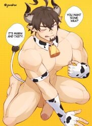 1boy abs animal_costume animal_ears animal_print bara barawa bell blush brown_eyes brown_hair cow_boy cow_costume cow_ears cow_horns cow_print cow_tail cowbell danzen draph ear_tag english_text erection facial_hair from_above girthy_penis goatee granblue_fantasy hand_milking highres horns large_pectorals looking_at_viewer male_focus male_only mature_male muscular muscular_male nipple_stimulation nipple_tweak nipples nude pectorals penis pointy_ears seductive_smile self_milking short_hair smile solo tail uncensored