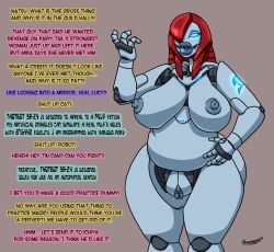 blue_eyes bottomless breasts caption dialogue doomington empty_eyes english_text erza_scarlet fairy_tail fat fembot femsub glowing glowing_eyes large_lips nipples nude pussy red_hair robot robot_girl robot_humanoid robot_joints robotic_arm robotization tattoo tech_control text topless transformation