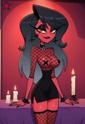 ai_generated artist_request collar covered_nipples dark_hair demon_girl female_only fishnets gothic helluva_boss kiki_(helluva_boss) red_skin succubus