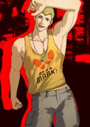 1boy absurd_res absurdres alternate_version_available atlus bara biceps blonde_hair clothed clothed_male clothing hydaria looking_at_viewer male male_focus male_only megami_tensei muscular_male pecs persona persona_5 ryuji_sakamoto sega simple_background solo solo_focus solo_male