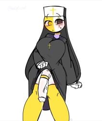 1futa amogus among_us_reference big_breasts big_penis blush cock_ring countryhumans cross_necklace kak0yt0_chel leaking_precum lifting_skirt multicolored_eyes necklace nun_outfit thighhighs vatican_city_(countryhumans) white_body yellow_legwear yellow_socks