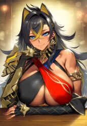 1girls 2vuiai ai_generated big_breasts blue_eyes breasts clothed clothed_female clothing dark-skinned_female dark_skin dehya_(genshin_impact) female female_only genshin_impact gigantic_breasts huge_breasts large_breasts looking_at_viewer massive_breasts muscular muscular_female upper_body voluptuous