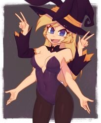 blonde_hair blue_eyes bunny_suit fangs four_arms leggings long_hair looking_at_viewer nelly peace_sign witch_hat xyroni