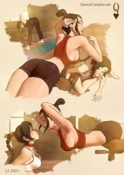 3girls armpits artist_name ass avatar_the_last_airbender azula barefoot biting_own_lip black_hair black_pants black_shorts blush braid breasts brown_hair choker cleavage commentary dimples_of_venus english_commentary exercising goth goth_girl gothic gothic_girl gym hair_bun indoors long_hair looking_at_another mai_(avatar) medium_breasts multiple_girls naughty_face pants queen_complex queencomplex raised_eyebrows red_choker red_shorts shorts sideboob single_braid smug sports_bra stretching surprised twin_braids ty_lee watermark web_address white_sports_bra