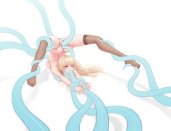 1girls anal anal_penetration blonde_hair blush double_penetration female green_eyes hands_tied nylons oral stockings tentacle tentacle_sex tentacles vaginal_penetration