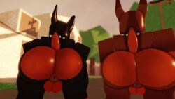 2boys 3d animated anus ass ass_focus ass_to_ass balls balls_touching big_ass black_body bracelets brown_body canid canine canis collar dobermann duo furry gay inviting inviting_to_sex male male_only outdoors outside roblox robloxian seductive spiked_bracelet spiked_collar tagme tail video video_games willie_piv