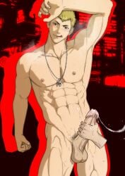 1boy abs absurd_res absurdres alternate_version_available atlus balls bara biceps big_balls big_penis blonde_hair cum disembodied_hand erection genital_fluids handjob hydaria looking_at_viewer male male_focus male_nipples male_only masturbation megami_tensei muscular_male nipples nude nude_male orgasm pecs penis persona persona_5 ryuji_sakamoto sega simple_background solo solo_focus solo_male