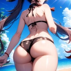 ai_generated alternate_costume ass ass_focus bare_shoulders bikini blush breasts butt_crack come_hither female from_behind genshin_impact hat hat_ornament head_out_of_frame hu_tao_(genshin_impact) long_hair looking_at_viewer looking_back naughty_face shiny shiny_clothes shiny_hair shiny_skin sideboob small_breasts smile solo twintails very_long_hair