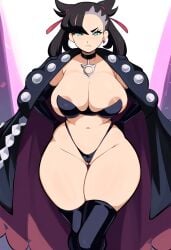 ai_generated alternate_costume areola_slip cameltoe curvy fantasy female jacket large_breasts marnie_(pokemon) mullon novelai pokemon pokemon_ss revealing_clothes thong