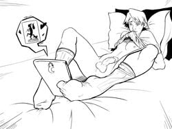 1boy bed booty_electric bottomless cellphone feet gay hanamura_yousuke implied_gay implied_yaoi lying male male_focus male_only penis persona persona_4 phone selfie sexting socks solo tagme texting undressing yaoi