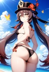 ai_generated alternate_costume ass ass_focus bare_shoulders bikini blush breasts butt_crack come_hither female from_behind genshin_impact hat hat_ornament hu_tao_(genshin_impact) long_hair looking_at_viewer looking_back naughty_face red_eyes shiny shiny_clothes shiny_hair shiny_skin sideboob small_breasts smile solo twintails very_long_hair