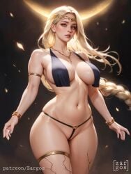 ai_generated big_breasts blonde_hair cleavage elden_ring female female_focus female_only long_hair nipple_bulge queen_marika_the_eternal stable_diffusion thick_thighs wide_hips yellow_eyes zargos