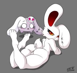 2024 2spot_studio animate_inanimate anthro ass bloody_bunny bloody_bunny_(character) bloody_bunny_(series) blush doll duo female genitals grey_background grey_body hi_res jo-vee-al lagomorph leporid living_doll looking_at_viewer looking_back looking_back_at_viewer lying mammal mumu_(bloody_bunny) on_front pussy rabbit red_eyes simple_background skull_symbol stitch_(sewing) tagme white_body