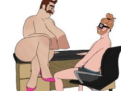 bara boxers elliot_karponzi faggot fem_daddy femdaddy gay glasses male/male male_breasts male_only mr._birchum office_chair pink_heels richard_birchum slutty_daddy table what