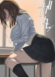 black_skirt black_socks blue_cardigan breasts brown_hair cardigan classroom clothed_masturbation commentary_request crotch_rub desk female female_masturbation from_side kneehighs large_breasts lifting_own_clothes long_sleeves masturbation masturbation_through_clothes medium_hair open_mouth original pleated_skirt pussy_juice school_desk school_uniform shirt shirt_tucked_in skirt socks solo table_humping tomiokasena white_shirt