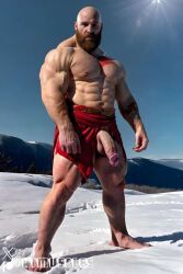 1boy ai_generated aimuscles bald bald_man bara barely_clothed barely_covered beard big_penis daddy dilf facial_hair god_of_war kratos large_penis loincloth looking_at_viewer male male_focus male_only mature_male muscles muscular muscular_arms muscular_ass muscular_back muscular_legs nature nature_background older_male outdoor_nudity outdoors partially_clothed_male partially_nude partially_undressed penis penis_sticking_out public_exposure red_markings red_skirt scantily_clad snow snowy_background winter