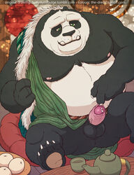 1boy 2017 anthro artist_name balls ballsack bear beefy black_fur body_fur bottomless clothed clothing clothing_aside cushion dredd_(artist) dudebulge erection foreskin foreskin_folds foreskin_pull furry_balls green_eyes greyscale hi_res hybrid_penis intact kung_fu_panda li_shan male male_nipples male_only mammal masculine mature_male monochrome moobs mostly_nude_male musclegut muscles muscular_male overweight overweight_male panda partially_retracted_foreskin pecs pencil_(artwork) penis reclining scrotum sheath sheathed_humanoid_penis sitting solo spread_legs spreading teapot testicles traditional_media_(artwork) uncut ursid vein veiny_penis white_fur