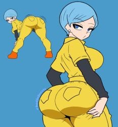 1girls ass ass_focus ass_shake badjujuarts bent_over big_ass big_breasts blue_eyes blue_hair bodysuit breasts bulma_briefs clothed dragon_ball dragon_ball_super dragon_ball_super_super_hero earrings female female_focus female_only from_behind huge_ass jumpsuit looking_back short_hair solo solo_female solo_focus thick thick_ass thick_thighs twerking