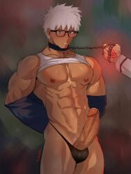 2boys abs archer_(fate) arms_behind_back bara bare_pectorals bikini_briefs blush clothes_lift command_spell cowboy_shot dark-skinned_male dark_skin erection fate/grand_order fate_(series) fujimaru_ritsuka_(male) glasses highres large_pectorals looking_ahead male_focus male_underwear multiple_boys muscular muscular_male nipples official_alternate_costume pectorals penis_out robokeh second-party_source shirt_lift solo_focus sparse_navel_hair standing sweat tank_top thighs uncensored underwear v-taper veins veiny_arms white_hair white_tank_top yaoi