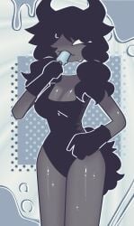 black_hair black_swimsuit breasts curly_hair fundamental_paper_education furry grey_body horns ice_cream miss_emily_(fundamental_paper_education) ponytails swimsuit