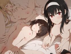 1boy 3girls asou_(asabu202) black_hair blonde_hair breasts brown_eyes brown_hair completely_nude completely_nude_female erection eyes_closed female female_masturbation fingering fingering_self handjob holding_penis human kasumigaoka_utaha katou_megumi large_breasts looking_at_viewer male masturbation medium_breasts moaning multiple_girls nipples penis penis_grab pleasure_face pussy red_eyes saenai_heroine_no_sodatekata sawamura_spencer_eriri smile sweat uncensored unzipped_pants vagina white_hairband