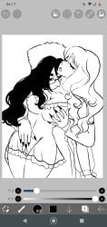 2girls black_and_white breast_grab drawing ibispaintx inconfortable masturbation masturbation_through_clothing nails night_gown transparent_clothing vampire yuri