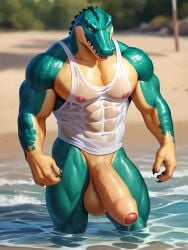 abs ai_generated anthro balls bara beach big_balls big_cock big_penis cantsleep96 cock crocodile crocodilian foreskin furry furry_only hi_res huge_balls huge_cock huge_cock humanoid_penis male male_only muscular nipples pecs penis scalie scalie_only sea seaside solo tank_top veiny_penis water wet wet_clothes