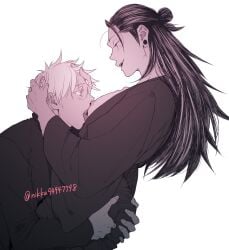 2boys artist_name asian black_hair color couple couple_(romantic) gay gay_sex hand_on_ass hand_on_butt handles_on_back human jujutsu_kaisen licking long_hair_male looking_at_partner male male_nipples male_only nikku94947798 nipple_bulge no_visible_genitalia pecs_out playing_with_nipple precum rubber_clothing satoru_gojo sex_slave sucking_nipples suguru_geto sweat tongue tongue_out touching_hair uncensored white_hair yaoi