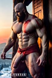 1boy ai_generated aimuscles bald bald_man bara barely_clothed barely_covered beard big_penis daddy dilf facial_hair god_of_war kratos large_penis loincloth looking_at_viewer male male_focus male_only mature_male muscles muscular muscular_arms muscular_ass muscular_back muscular_legs nature nature_background older_male outdoor_nudity outdoors partially_clothed_male partially_nude partially_undressed penis penis_sticking_out public_exposure red_markings red_skirt scantily_clad snow snowy_background winter