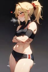 1girls ai_generated blonde blonde_hair blush camel_toe cameltoe crop_top fate/apocrypha fate/grand_order fate_(series) female female_only green_eyes gym_clothes human mordred_(fate) muscular muscular_female ponytail small_breasts solo sweat sweating tsundere