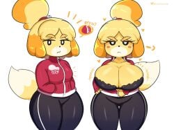 angry black_bra cleavage furry isabelle_(animal_crossing) jumpsuit startop taking_clothes_off