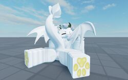 anthro dragon dragon_tail female furry laying_down looking_at_viewer pussy roblox robloxian solo tail thighhighs white_fur wings