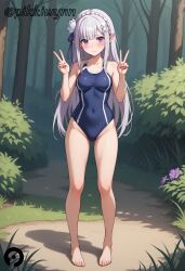 ai_generated alternate_costume ass_visible_through_thighs bangs bare_legs bare_shoulders barefoot blue_one-piece_swimsuit blunt_bangs blush braid breasts closed_mouth collarbone competition_school_swimsuit competition_swimsuit covered_navel day double_v elf embarrassed emilia_(re:zero) female flower forest full_body grass grey_hair hair_flower hair_ornament hair_ribbon hands_up legs light_purple_hair long_hair looking_at_viewer medium_breasts nature one-piece_swimsuit outdoors pikkiwynn pointy_ears purple_eyes purple_ribbon re:zero_kara_hajimeru_isekai_seikatsu ribbon rose school_swimsuit solo standing sweat swimsuit tree v very_long_hair white_flower white_hair white_rose x_hair_ornament