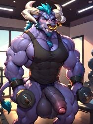 abs ai_generated alistar anthro balls bara big_balls big_cock big_penis bovid bovine bull cantsleep96 cattle cock dumbbell erection foreskin furry furry_only gym hi_res league_of_legends lifting_weights male male_only muscular nipples pecs penis solo tail tank_top veiny_penis