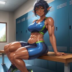 dark-skinned_female dark_elf elf_ears elf_female elf_girl green_eyes locker_room oiled_body pointy_chin short_hair sportswear