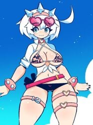 3rf aqua_eyes bikini blue_eyes breasts elphelt_valentine fat_breasts female_focus flat_belly glasses guilty_gear guilty_gear_strive large_breasts looking_at_viewer thighs white_hair wide_hips