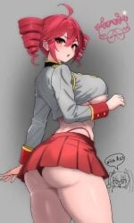 1girls 2d 2d_(artwork) ahoge altairghosts areola_slip areolae ass ass_focus big_ass big_breasts big_thighs blush breasts crop_top cropped_jacket curvaceous curvy curvy_female curvy_figure english_text female female_focus female_only g-string grey_background hatsune_miku huge_ass huge_breasts huge_thighs ineffective_skirt kasane_teto large_ass large_breasts large_thighs looking_back microskirt midriff miniskirt red_eyes red_hair shiny_skin side_view sideboob simple_background skirt slim_girl slim_waist small_waist solo solo_female text thick_thighs thighs thong underboob utau voluptuous voluptuous_female wide_hips