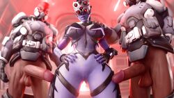 1girls 2boys 3d dustyboyo huge_cock overwatch overwatch_2 purple_skin talon_(overwatch) talon_enforcer talon_trooper visor voluptuous_female widowmaker