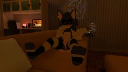 couch curse_(friday_night_funkin) hand_on_face happy hedgehog legs_apart pussy sitting_on_couch thighhighs transgender transgender_male vrchat vrchat_avatar