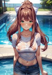 ai_generated breasts doki_doki_literature_club erect_nipples erect_nipples_under_clothes kingdark619 monika_(doki_doki_literature_club) nipples see-through visible_nipples wet_clothes wet_shirt