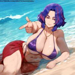 ai_generated beach curvy erotic_nansensu lady_nagant multicolored_hair my_hero_academia necklace overflowing_breasts sarong thick_thighs wet