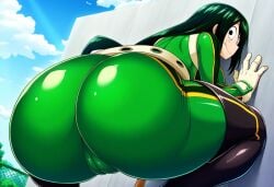 1female 1girls ai_generated ass ass_focus back_view big_ass big_breasts bodysuit boku_no_hero_academia breasts clothed dark_hair facing_away female female female_only from_behind from_behind_position fully_clothed gloves green_hair hi_res high_resolution highres huge_ass kokoyone large_ass large_breasts long_hair looking_at_viewer massive_ass my_hero_academia pussy sideboob solo squatting tagme thick_thighs thighs tsuyu_asui very_long_hair