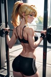 1girls ai_generated blonde blonde_hair crop_to fate/apocrypha fate/grand_order fate_(series) female female_only green_eyes gym gym_clothes gym_uniform mordred_(fate) muscular muscular_female ponytail small_breasts solo sweat sweating weights