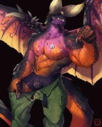 absurd_res anthro biped bottomwear boxer_briefs capcom claws clothing dogtags dragon finger_claws greninjazz hi_res horn male male_only membrane_(anatomy) membranous_wings monster_hunter muscular muscular_anthro muscular_male mythological_creature mythological_scalie mythology nergigante pants pecs scalie solo standing tail teeth wings