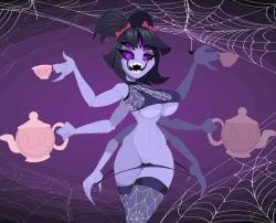 1girl 2020s 5_eyes 6_arms almost_nude black_hair crop_top eyeliner fangs hair_bows jrvanesbroek lil_miss_jay lingerie monster_girl muffet no_sex pixel_art purple_skin sharp_teeth shaved_pussy skinny_girl smiling_at_viewer spider_girl spider_humanoid spider_web spider_web_background spider_web_print spider_web_stockings spiders tagme tea_cup tea_pot tea_set themed_lingerie thong thong_down thong_pull twintails underboob undertale