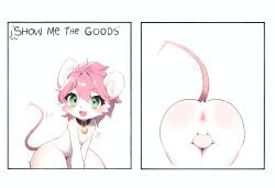 1boy ai_generated anus anus ass femboy furry furryedits_ai fuzzle_(fuzzleedits) green_eyes hi_res male meme mouse mouse_ears mouse_tail pink_hair rear_view rodent young