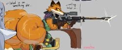 anthro ass big_butt big_penis bottomless canid canine clothed clothing duo epic_games erection femboy fennix_(fortnite) fortnite fox genitals gun hi_res huge_butt hyper hyper_butt male male/male mammal penis plant plant_pot potted_plant ranged_weapon red_fox rifle sniper_rifle tail true_fox uromatsu weapon yellow_eyes