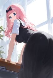 1girls ai_generated ass bending_over bent_over blonde_hair blush breasts cute dress female female_only fujiwara_chika fully_clothed kaguya-sama_wa_kokurasetai_~tensai-tachi_no_renai_zunousen~ looking_at_viewer pink_hair school_uniform schoolgirl smile solo