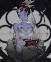 3d 3d_(artwork) 3d_model ass breasts cakiibb feathers female ghostly_bride hair looking_at_viewer overwatch overwatch_2 purple_body purple_skin solo tagme widowmaker